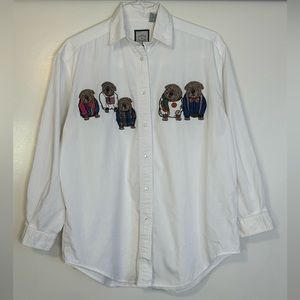 Vintage Gingham Shirt Medium Embroidered Dogs Cotton Androgynous Bulldogs White